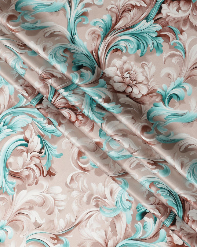 Beige Teal Baroque Floral Printed Premium Pure Silk Satin Fabric Smooth Lustrous Designer Finish 140 Cms Width, 3.5 Mtrs Piece and Made in Italy-D27198