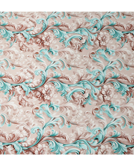 Beige Teal Baroque Floral Printed Premium Pure Silk Satin Fabric Smooth Lustrous Designer Finish 140 Cms Width, 3.5 Mtrs Piece and Made in Italy-D27198