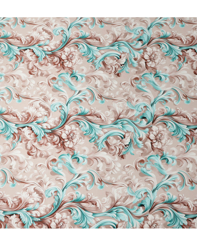 Beige Teal Baroque Floral Printed Premium Pure Silk Satin Fabric Smooth Lustrous Designer Finish 140 Cms Width, 3.5 Mtrs Piece and Made in Italy-D27198
