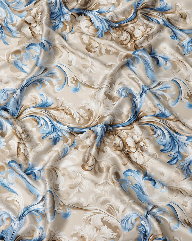 Beige Blue Baroque Floral Printed Premium Pure Silk Satin Fabric Smooth Lustrous Designer Finish 140 Cms Width, 3.5 Mtrs Piece and Made in Italy-D27197