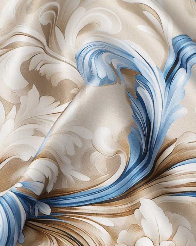 Beige Blue Baroque Floral Printed Premium Pure Silk Satin Fabric Smooth Lustrous Designer Finish 140 Cms Width, 3.5 Mtrs Piece and Made in Italy-D27197