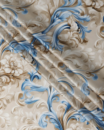 Beige Blue Baroque Floral Printed Premium Pure Silk Satin Fabric Smooth Lustrous Designer Finish 140 Cms Width, 3.5 Mtrs Piece and Made in Italy-D27197