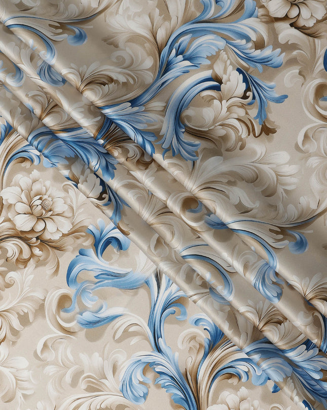 Beige Blue Baroque Floral Printed Premium Pure Silk Satin Fabric Smooth Lustrous Designer Finish 140 Cms Width, 3.5 Mtrs Piece and Made in Italy-D27197