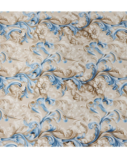 Beige Blue Baroque Floral Printed Premium Pure Silk Satin Fabric Smooth Lustrous Designer Finish 140 Cms Width, 3.5 Mtrs Piece and Made in Italy-D27197