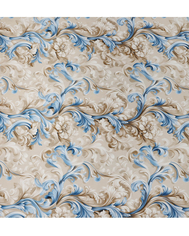 Beige Blue Baroque Floral Printed Premium Pure Silk Satin Fabric Smooth Lustrous Designer Finish 140 Cms Width, 3.5 Mtrs Piece and Made in Italy-D27197