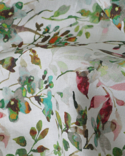 Sage Green Leaf Floral Linen Fabric 110cm