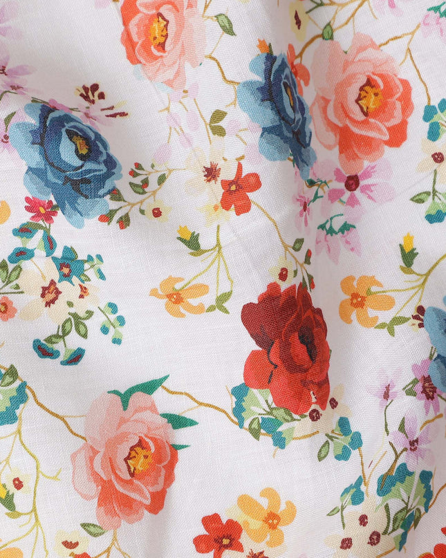 Bright White Floral Linen Fabric 110cm