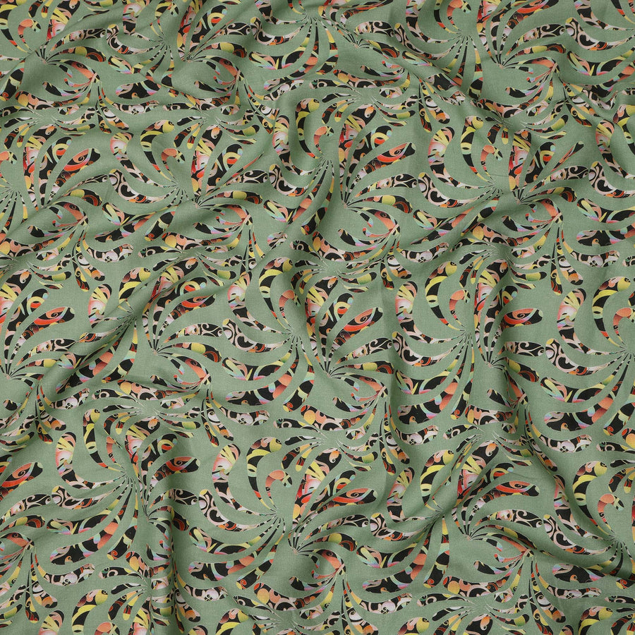 Sage Green Abstract Swirl Printed Premium Pure Linen Fabric 140 Cms Width India-D27845