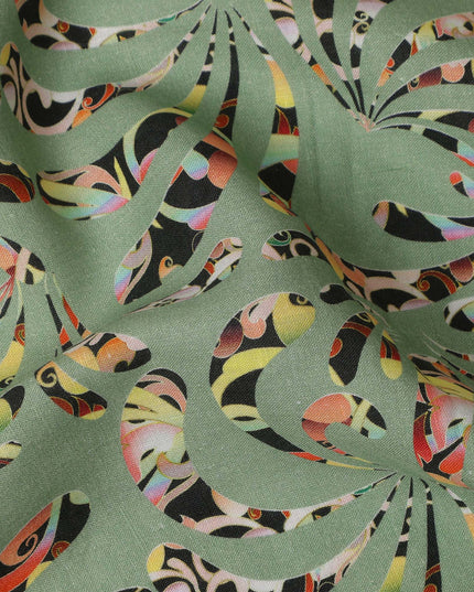 Sage Green Abstract Swirl Printed Premium Pure Linen Fabric 140 Cms Width India-D27845