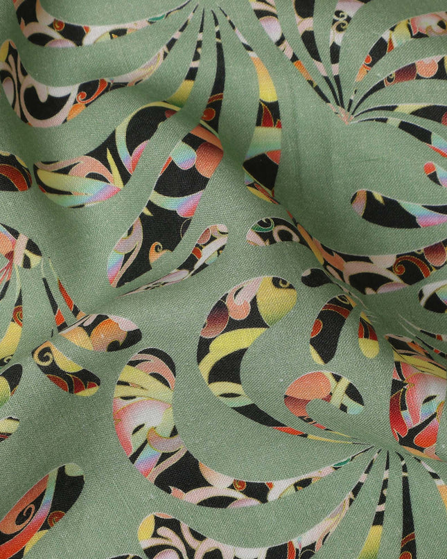 Sage Green Abstract Swirl Printed Premium Pure Linen Fabric 140 Cms Width India-D27845