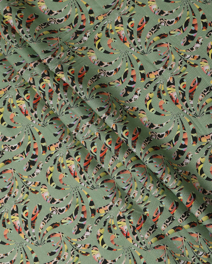 Sage Green Abstract Swirl Printed Premium Pure Linen Fabric 140 Cms Width India-D27845