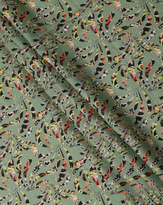 Sage Green Abstract Swirl Printed Premium Pure Linen Fabric 140 Cms Width India-D27845