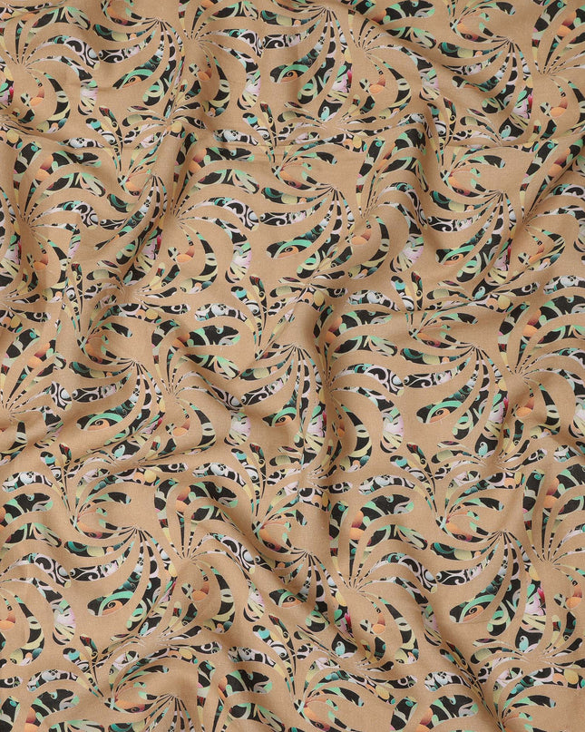 Beige Abstract Swirl Printed Premium Pure Linen Fabric 140 Cms Width India-D27852