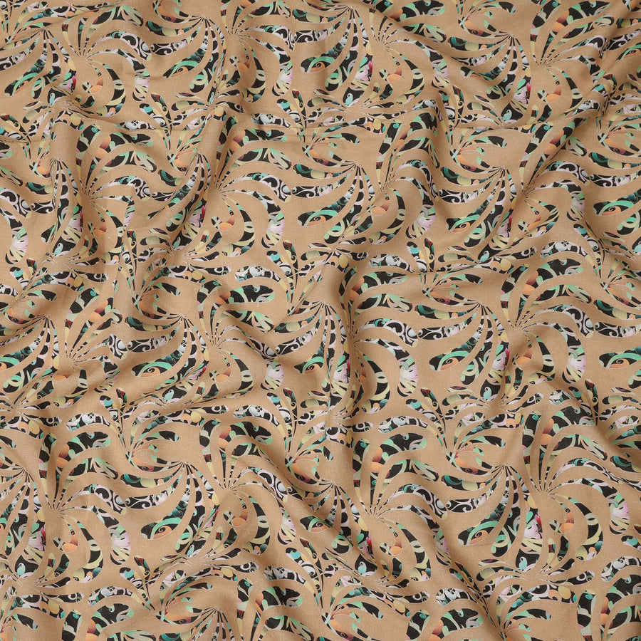 Beige Abstract Swirl Printed Premium Pure Linen Fabric 140 Cms Width India-D27852