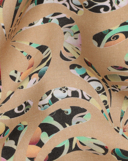 Beige Abstract Swirl Printed Premium Pure Linen Fabric 140 Cms Width India-D27852