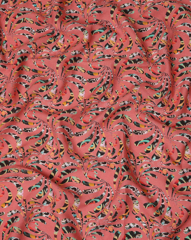 Coral Abstract Swirl Printed Premium Pure Linen Fabric 140 Cms Width India-D27853