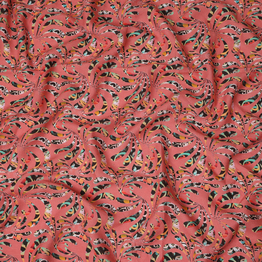 Coral Abstract Swirl Printed Premium Pure Linen Fabric 140 Cms Width India-D27853