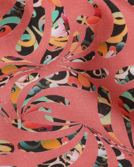 Coral Abstract Swirl Printed Premium Pure Linen Fabric 140 Cms Width India-D27853