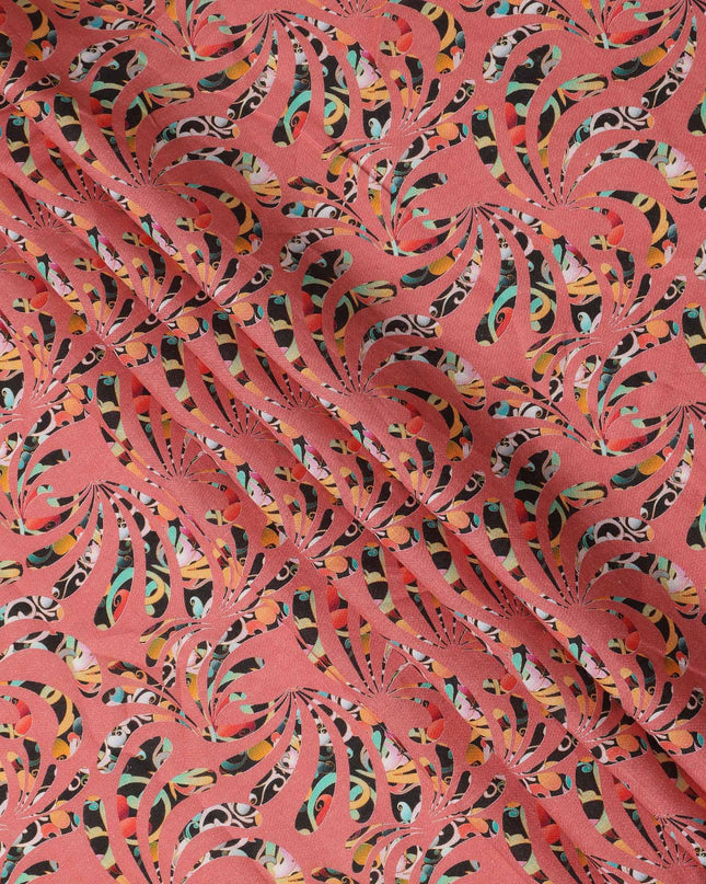 Coral Abstract Swirl Printed Premium Pure Linen Fabric 140 Cms Width India-D27853