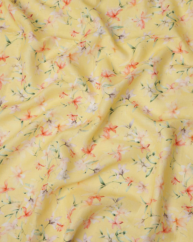 Yellow Multicolor Floral Printed Premium Pure Linen Fabric 140 Cms Width India-D27849