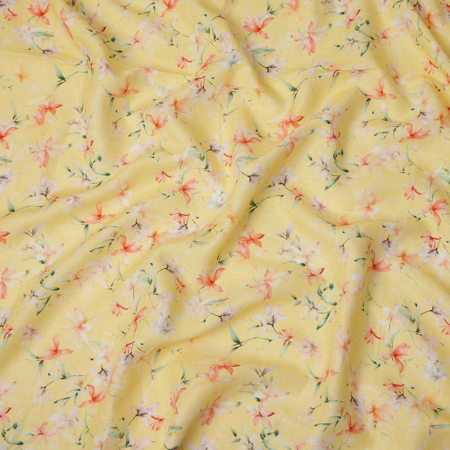 Yellow Multicolor Floral Printed Premium Pure Linen Fabric 140 Cms Width India-D27849