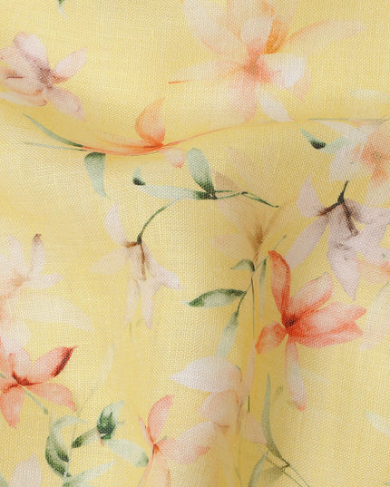 Yellow Multicolor Floral Printed Premium Pure Linen Fabric 140 Cms Width India-D27849