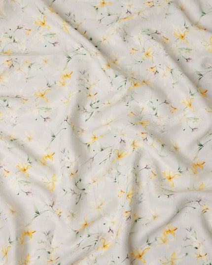 Cream Yellow Floral Printed Premium Pure Linen Fabric 140 Cms Width India-D27851
