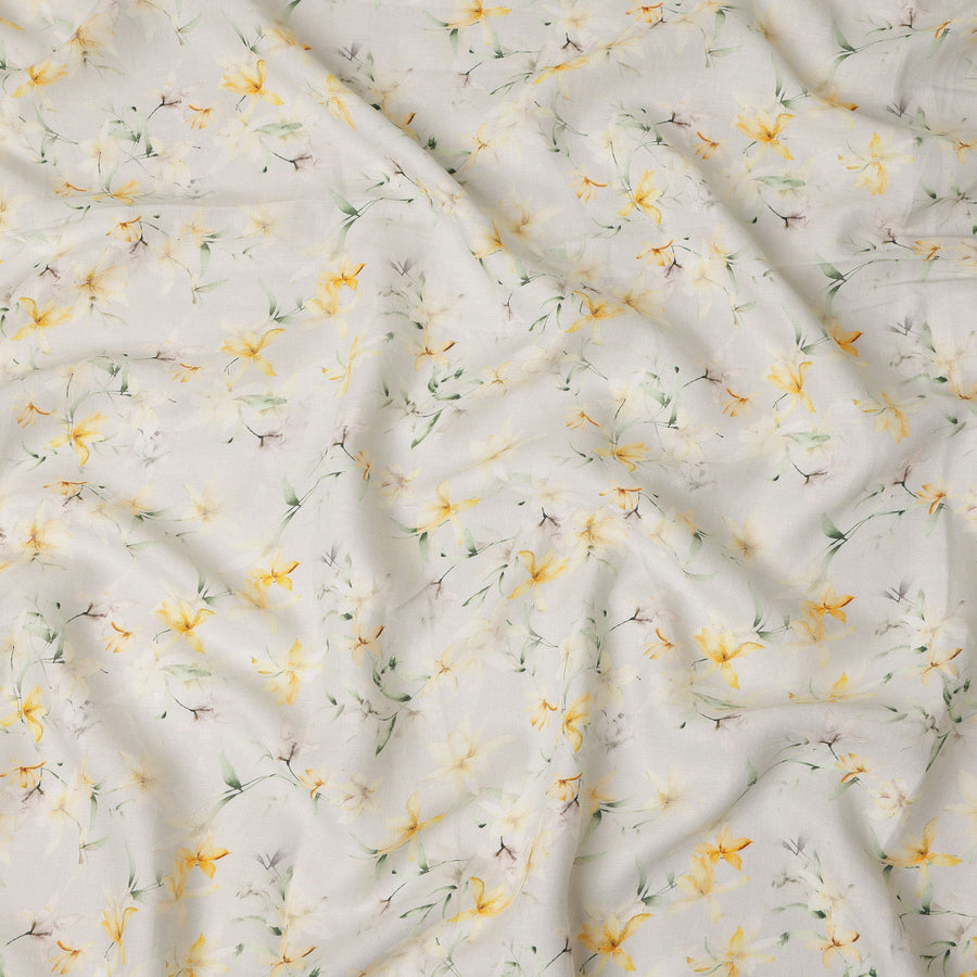 Cream Yellow Floral Printed Premium Pure Linen Fabric 140 Cms Width India-D27851