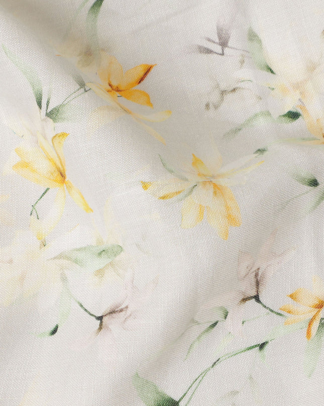 Cream Yellow Floral Printed Premium Pure Linen Fabric 140 Cms Width India-D27851