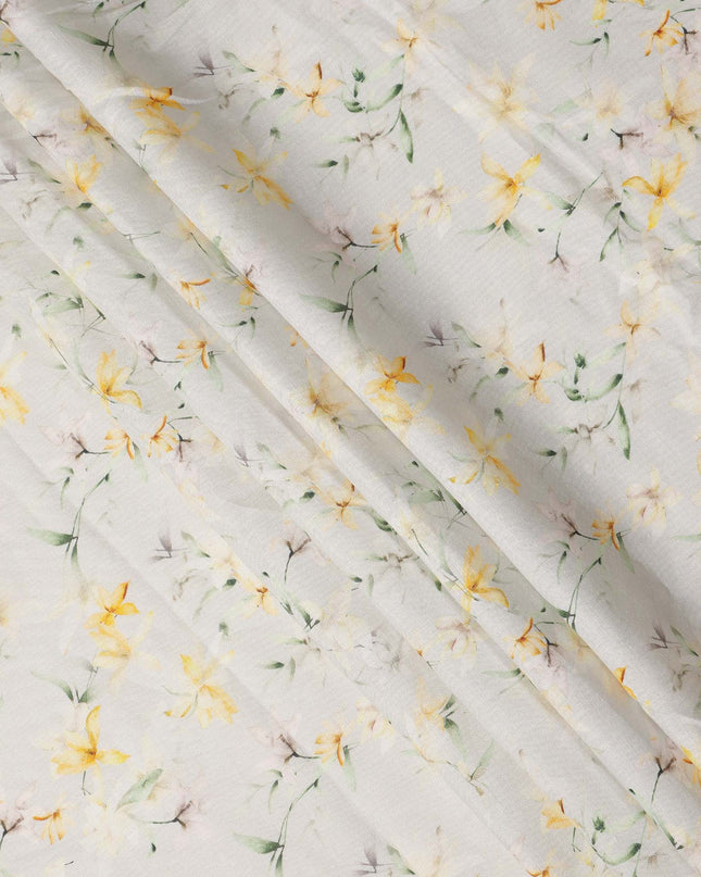 Cream Yellow Floral Printed Premium Pure Linen Fabric 140 Cms Width India-D27851