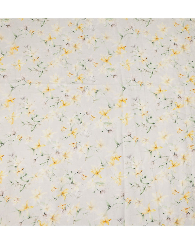 Cream Yellow Floral Printed Premium Pure Linen Fabric 140 Cms Width India-D27851