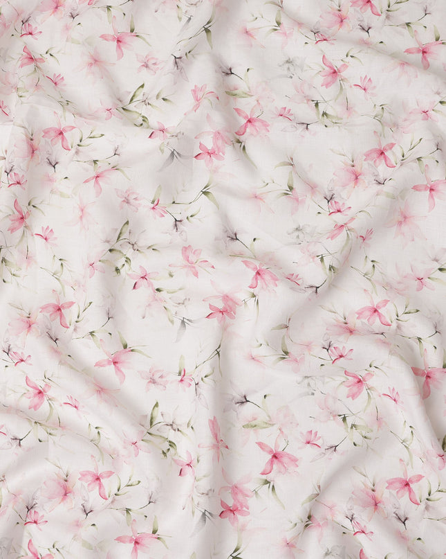 White Pink Floral Printed Premium Pure Linen Fabric 140 Cms Width India-D27848
