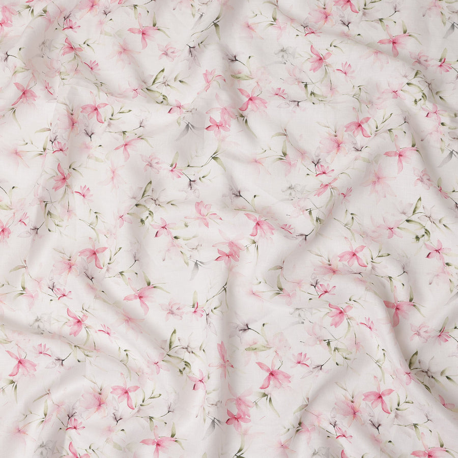 White Pink Floral Printed Premium Pure Linen Fabric 140 Cms Width India-D27848