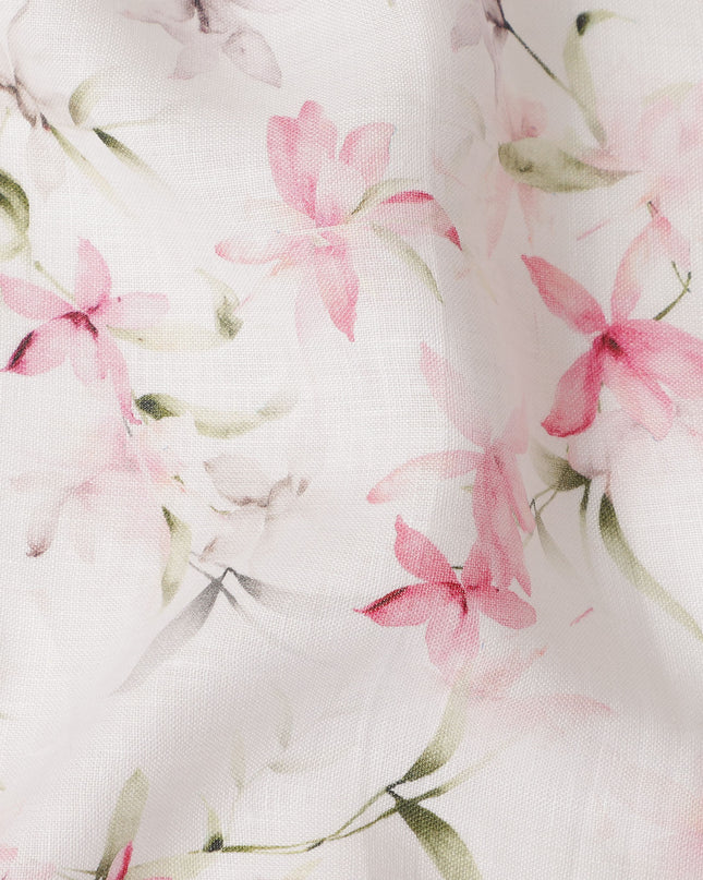 White Pink Floral Printed Premium Pure Linen Fabric 140 Cms Width India-D27848