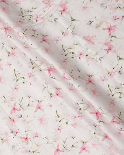 White Pink Floral Printed Premium Pure Linen Fabric 140 Cms Width India-D27848