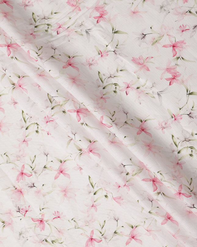 White Pink Floral Printed Premium Pure Linen Fabric 140 Cms Width India-D27848