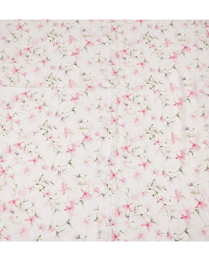 White Pink Floral Printed Premium Pure Linen Fabric 140 Cms Width India-D27848