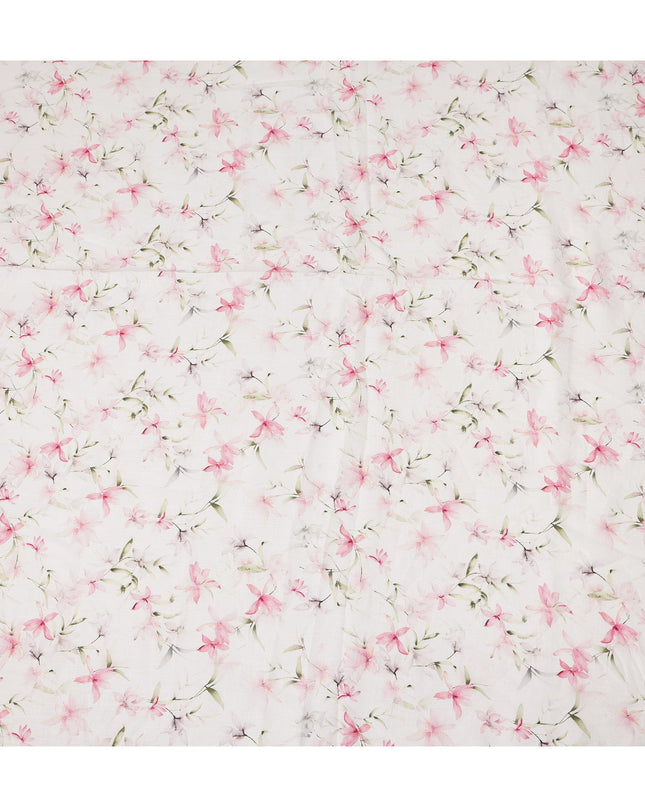 White Pink Floral Printed Premium Pure Linen Fabric 140 Cms Width India-D27848