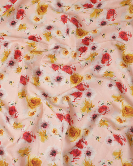 Peach Multicolor Floral Printed Premium Pure Linen Fabric 140 Cms Width India-D27847