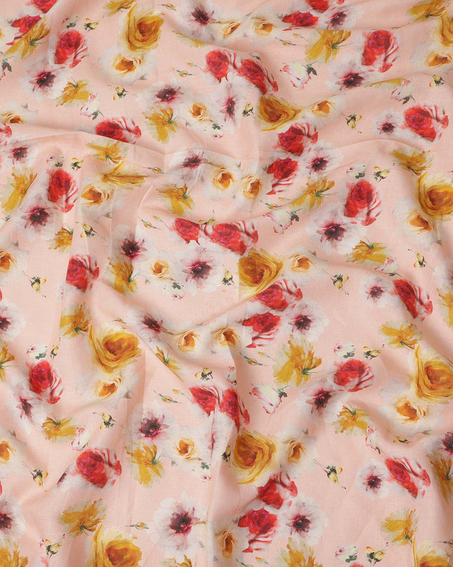 Peach Multicolor Floral Printed Premium Pure Linen Fabric 140 Cms Width India-D27847