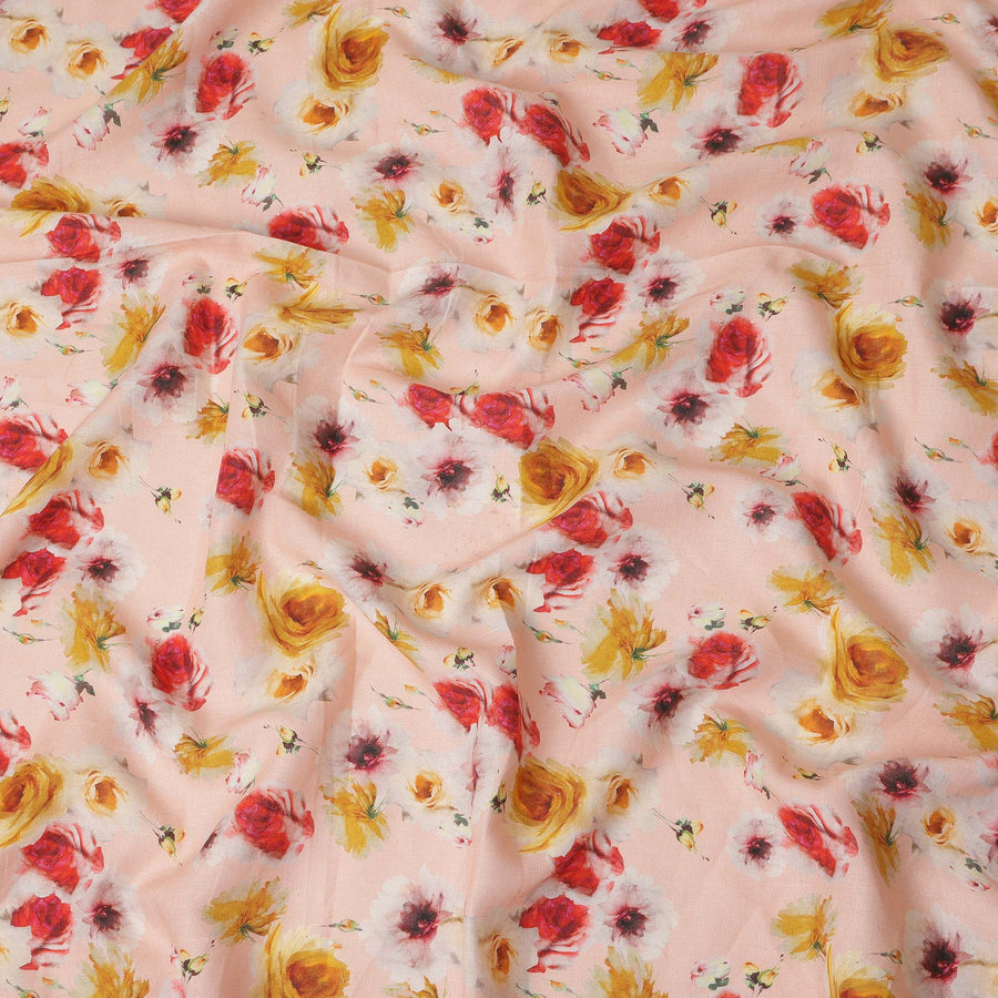 Peach Multicolor Floral Printed Premium Pure Linen Fabric 140 Cms Width India-D27847