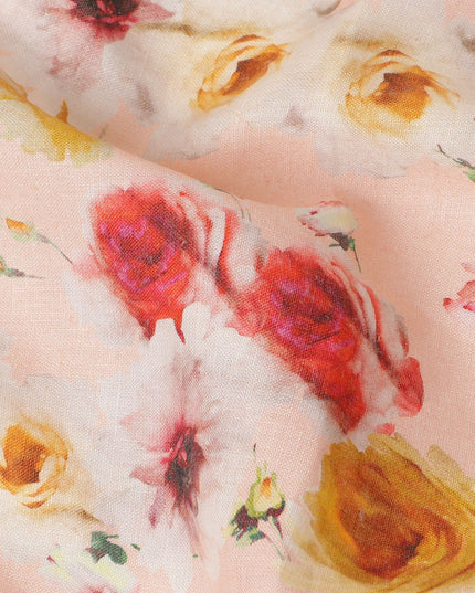 Peach Multicolor Floral Printed Premium Pure Linen Fabric 140 Cms Width India-D27847