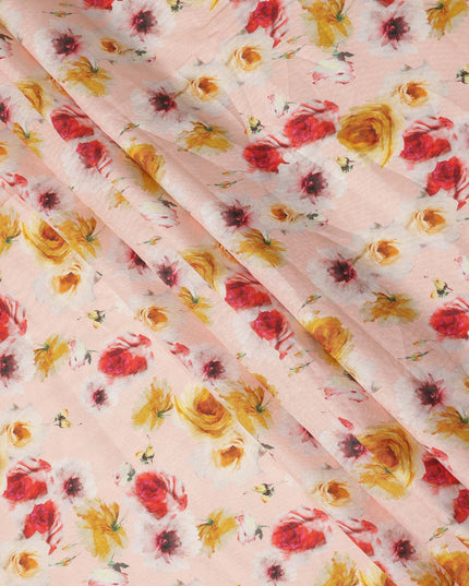 Peach Multicolor Floral Printed Premium Pure Linen Fabric 140 Cms Width India-D27847