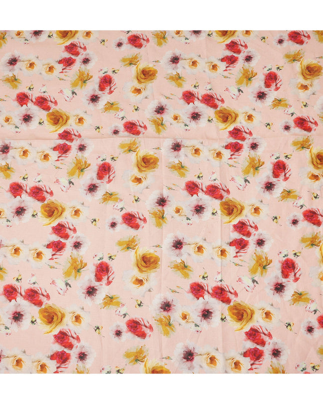 Peach Multicolor Floral Printed Premium Pure Linen Fabric 140 Cms Width India-D27847