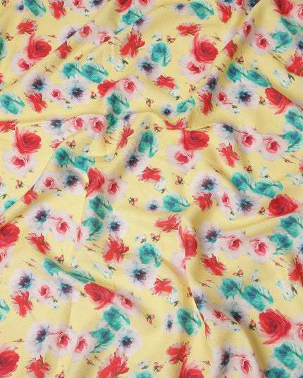 Yellow Multicolor Rose Floral Printed Premium Pure Linen Fabric 140 Cms Width India-D27850
