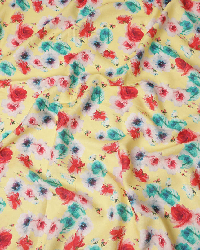 Yellow Multicolor Rose Floral Printed Premium Pure Linen Fabric 140 Cms Width India-D27850