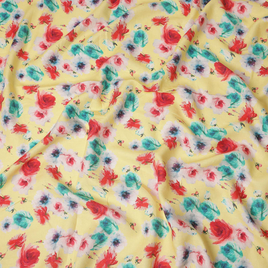 Yellow Multicolor Rose Floral Printed Premium Pure Linen Fabric 140 Cms Width India-D27850