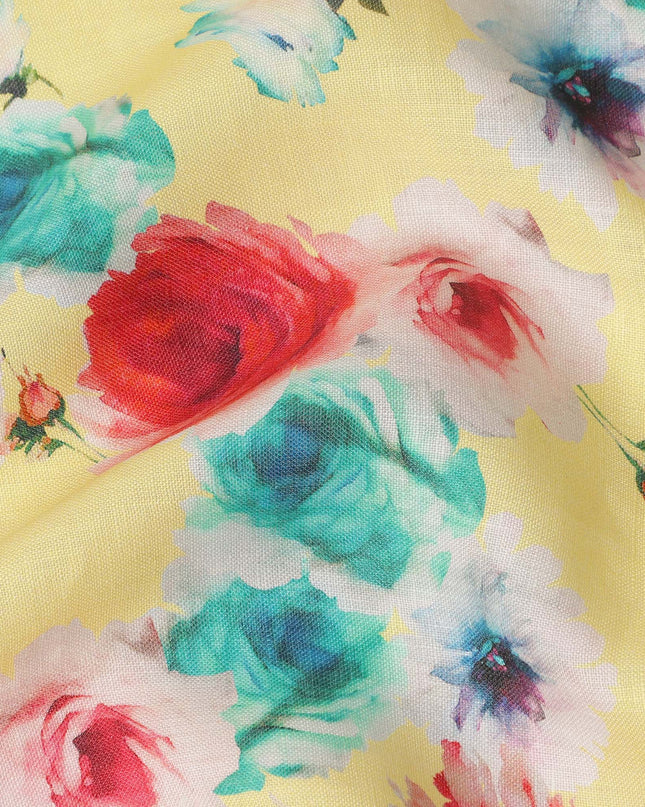 Yellow Multicolor Rose Floral Printed Premium Pure Linen Fabric 140 Cms Width India-D27850