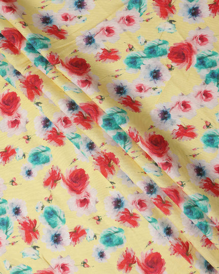 Yellow Multicolor Rose Floral Printed Premium Pure Linen Fabric 140 Cms Width India-D27850