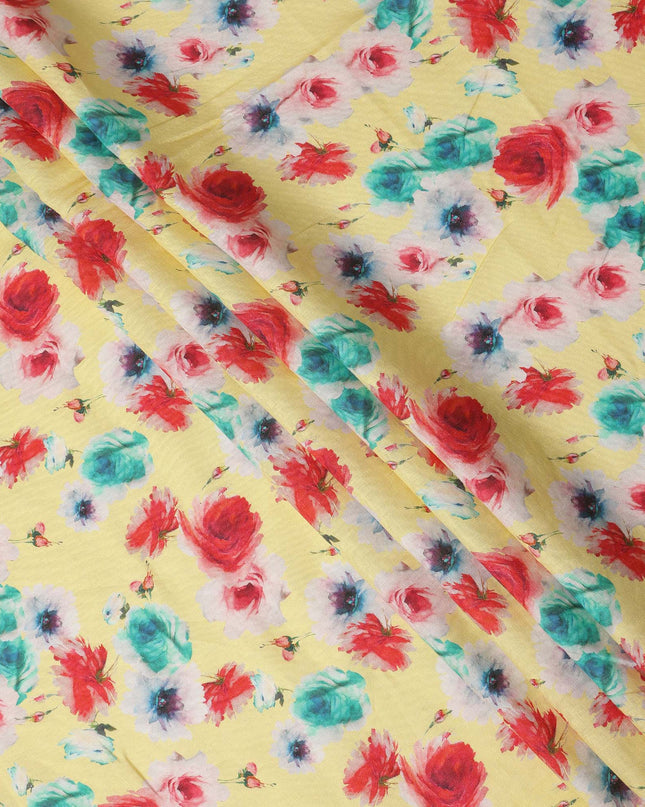 Yellow Multicolor Rose Floral Printed Premium Pure Linen Fabric 140 Cms Width India-D27850